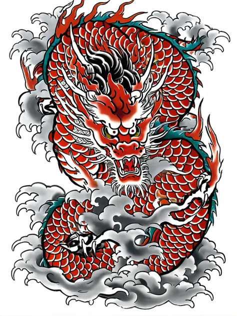 best quality, masterpiece,TBD,tattoo, a chinese dragon with fire, white background,cloud,wave, <lora:TBD-000008:0.8>