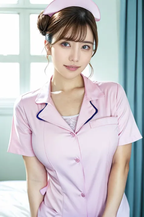 1girl, rihomatsumoto_jav, breasts, single hair bun, parted lips, bangs, brown eyes, jewelry, <lora:JAV_riho_matsumoto_v1_epoch_12:0.8>
wearing pink nurse outfit, cowboy shot,
looking at viewer, shot using canon DSLR, 
detailed body, attractive body, perfect human body, realistic face,
(ultimate quality, masterpiece, highres:1.0), realistic:1.6, photorealistic,