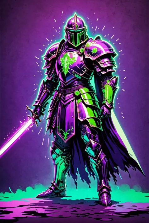 retro ink, masterpiece, professional artwork, famous artwork, cinematic lighting, cinematic bloom, fantasy class, ((portrait of a paladin)), neon green and purple, full body, simple background <lora:Fantasy_ClassesXL:0.8> <lora:Retro_Ink_SDXL:.5>