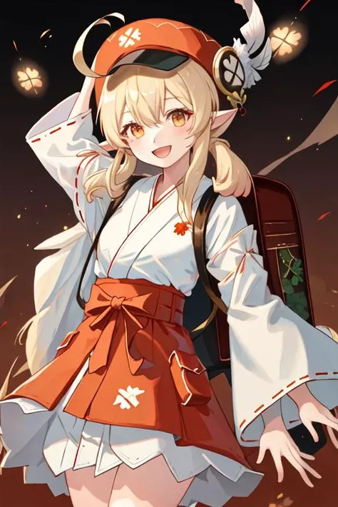 best quality, masterpiece, highres, solo, {white kimono:1.35}, {red hakama:1.35}, {wide sleeves:1.20}, {klee_genshin:1.15}, bangs, pointy_ears, twintails, ahoge, hair_between_eyes, long_hair, low_twintails, hat, sidelocks, red_headwear, smile, hat_feather, cabbie_hat, open_mouth, red_eyes, bag, blonde_hair, clover_print, light_brown_hair, backpack, :d, hat_ornament, orange_eyes