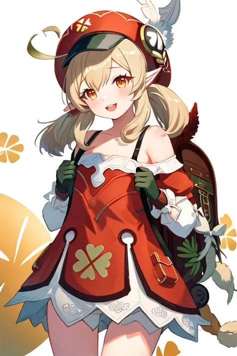 best quality, masterpiece, highres, solo, {klee_genshin:1.15}, bangs, pointy_ears, twintails, ahoge, hair_between_eyes, long_hair, low_twintails, hat, sidelocks, red_headwear, smile, hat_feather, cabbie_hat, open_mouth, red_eyes, bag, blonde_hair, clover_print, light_brown_hair, backpack, :d, hat_ornament, orange_eyes, 1girl, looking_at_viewer, parted_lips, simple_background, white_background, alternate_costume, blush, :o, shirt, short_sleeves, off_shoulder