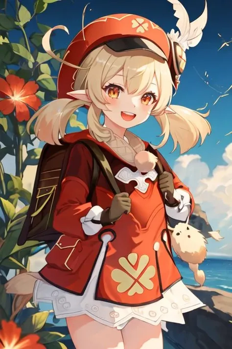 best quality, masterpiece, highres, solo, {klee_genshin:1.15}, bangs, pointy_ears, twintails, ahoge, hair_between_eyes, long_hair, low_twintails, hat, sidelocks, red_headwear, smile, hat_feather, cabbie_hat, open_mouth, red_eyes, bag, blonde_hair, clover_print, light_brown_hair, backpack, :d, hat_ornament, orange_eyes