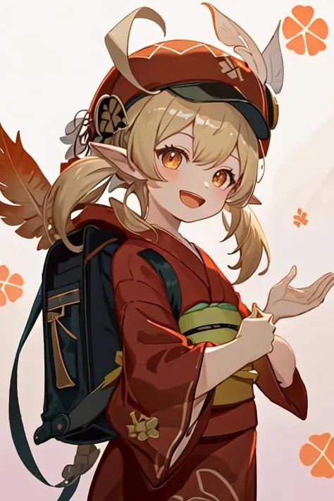 best quality, masterpiece, highres, solo, {yukata:1.40}, {kimono:1.20}, {klee_genshin:1.15}, bangs, pointy_ears, twintails, ahoge, hair_between_eyes, long_hair, low_twintails, hat, sidelocks, red_headwear, smile, hat_feather, cabbie_hat, open_mouth, red_eyes, bag, blonde_hair, clover_print, light_brown_hair, backpack, :d, hat_ornament, orange_eyes