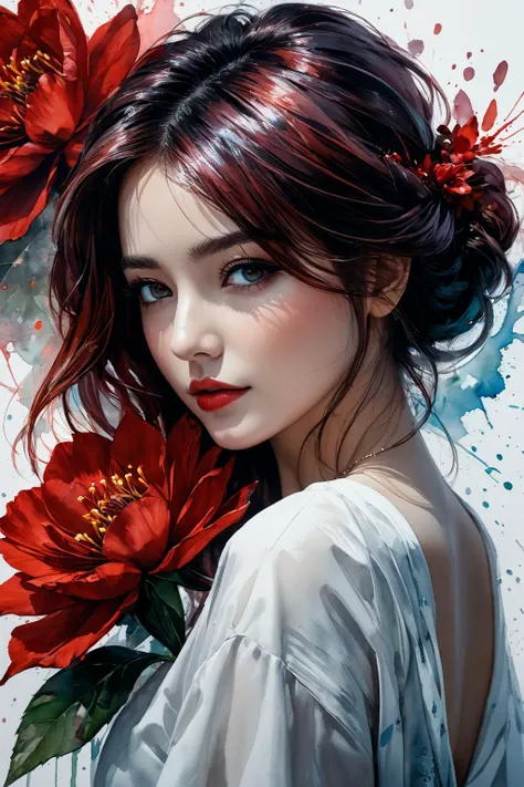 (((full medium shot))), (Masterpiece, photorealistic, photorealism, best quality, ultra-detailed:1.3), (nice hands, perfect hands), official art, cinematic light, (1girl:1.3), adult, young lady, long red curvy hair, Watercolor painting of oil and watercolor painting, (sketch:1.1), limited palette, red eyes, silver hair, shiny skin,empty eyes, (lips:0.4), (watercolor:0.8), (ink splatter: 1.2), hair flower, (carne griffiths:1.2), red flower,masterpiece, cinematic shadows, deep shadows, intricate details, award winning, beautifully lit,cinematic lighting, ray tracing, dynamic angle, dynamic pose, full body shot, Vibrant, beautiful, painterly, detailed, textural, artistic, sharp focus, very inspirational, innocent, elegant, stunning, rich, elite, epic, professional, surreal background, extremely complex, highly colorful, color balanced