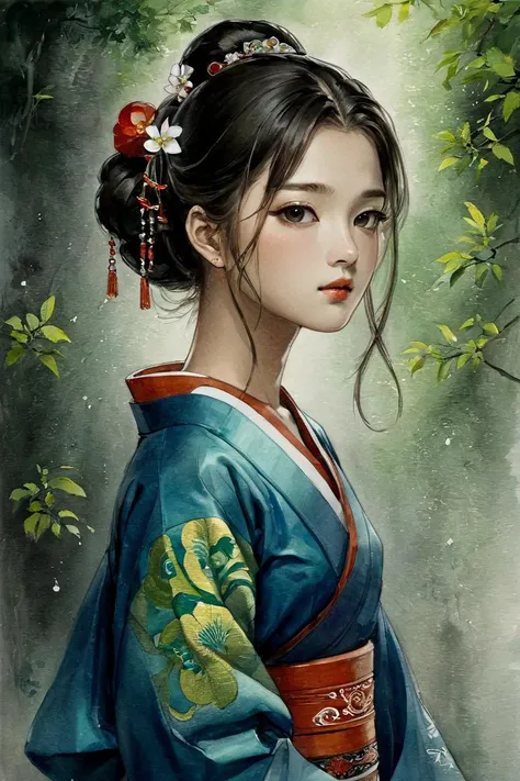 masterpiece, best quality, 1girl, <lora:kwFemale_Beta40-SDXL_v1:1>, <lora:PAseer-SDXL-Echoes of the Verdant Twilight:0.2>, TRADITIONAL ART, saibo