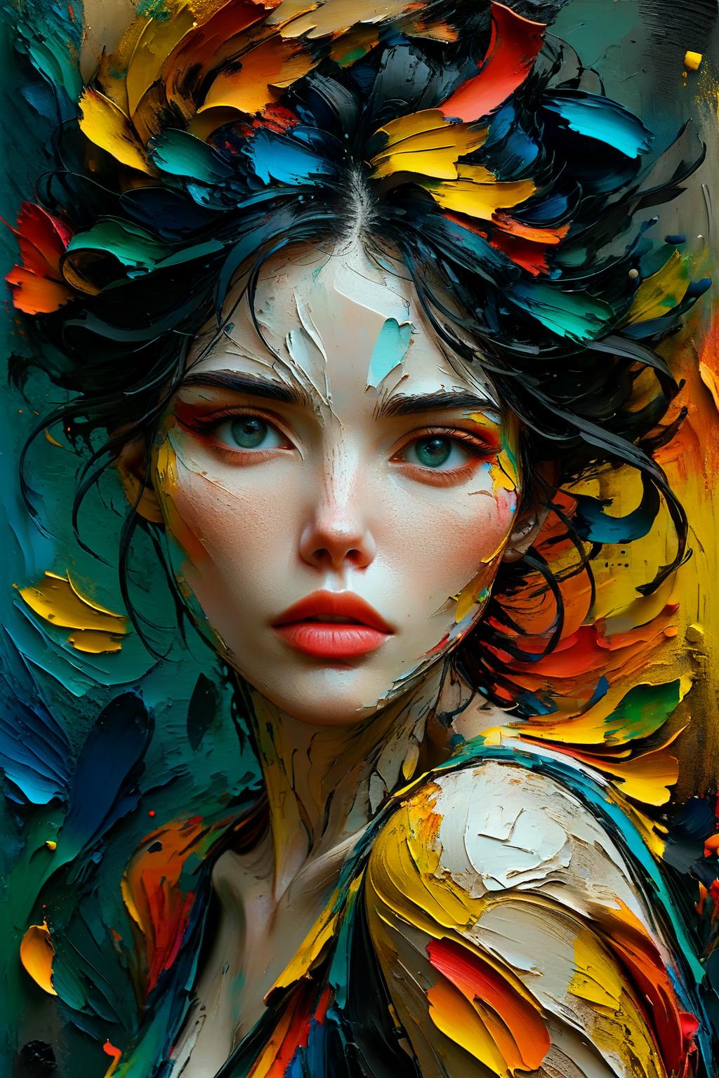 A painting of a woman with colorful feathers on her head - SeaArt AI