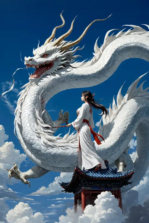 masterpiece, best quality, 1girl, <lora:kwFemale_Beta40-SDXL_v1:1>, white, chinese dragon, sky, cloud