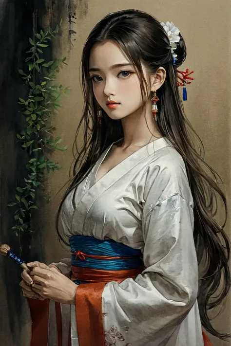 masterpiece, best quality, 1girl, <lora:kwFemale_Beta40-SDXL_v1:1>, <lora:PAseer-SDXL-Echoes of the Verdant Twilight:0.2>, TRADITIONAL ART, saibo