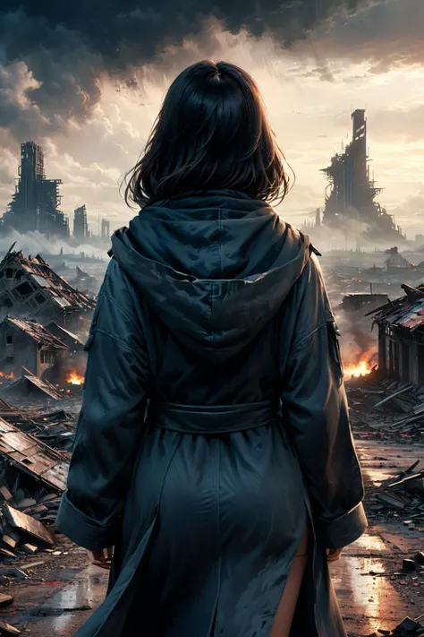 (((full medium shot, hips))), (Masterpiece, photorealistic, photorealism, best quality, ultra-detailed:1.3), (nice hands, perfect hands), official art, cinematic light, (1girl:1.3), adult, a desolate cityscape with a sole surviving girl as the protagonist walking on a destroyed motorway towards ruins of a massive post-apocalyptic city on the horizon, (dark shot:1.1), epic realistic, wearing hooded robe, illustration, The sky is filled with ominous dark clouds, (muted colors:1.2), (intricate details:1.1), from behind, highly detailed <lora:xl_more_art-full_v1:1>