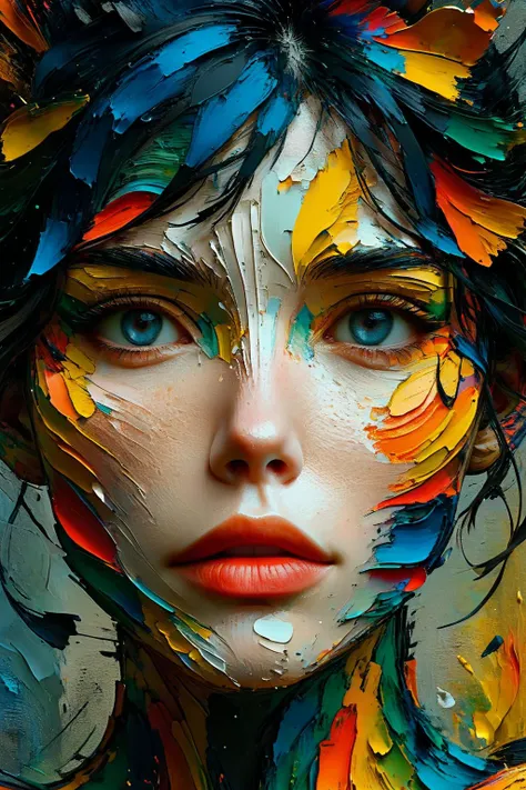 a stunning woman, art of brut style, characteized by bright and bold colors, thick textured paint, intense black strokes, and astonished details <lora:ral-drptpl:0.8>, ral-drptpl <lora:MJ52:0.6>,