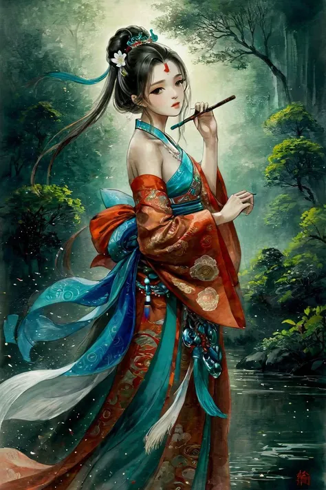 masterpiece, best quality, 1girl, <lora:kwFemale_Beta40-SDXL_v1:1>, <lora:PAseer-SDXL-Echoes of the Verdant Twilight:0.4>, TRADITIONAL ART, saibo