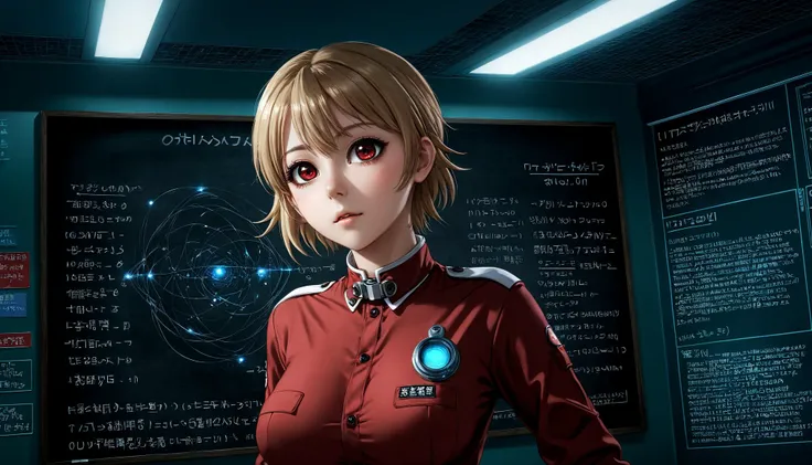 <lora:alienzkin-sdxl:0.5>, alienzkin , 1girl , <lora:SerasVictoriaXLLoRAversion10:0.5>, serasvictoria, tan uniform, red uniform,  looking up, solo, upper body, detailed background, detailed face, (<lora:GlyphTech:0.5>,     glyphtech theme:1.1), scientist, safety-goggles, shirt, technology, advanced technology, fantasy science lab in background, biology,  biohazard, virology, surgical mask,  autoclave, dna, blackboard,  flashing lights,, very thin waist,  <lora:SDXL_MassiveCowsLoRA_v1:0.1> breasts, cleavage, slim body,, (8k, masterpiece, best quality, ultra-detailed),  (an extremely delicate and beautiful)kawaii, cute, very big eyes, Aesthetic Anime Eyes, small face,  large breasts, cinematic lighting, , Intricate, High Detail, Sharp focus, dramatic,   masterpiece, best quality, ultra-detailed,