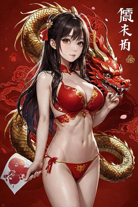 masterpiece, best quality, 1girl,  <lora:kwFemale_Beta40-SDXL_v1:1>, red, valentine, love, red, chinese dragon, new year, cracker, bomb, red banner, red fan, red lantern, red packet, cleavage, waifu