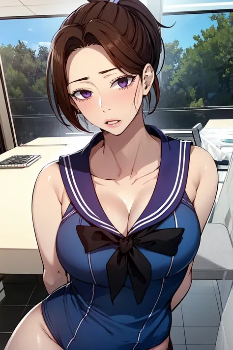 <lora:June_SC:0.7> junescdef, brown hair, purple eyes, ponytail, medium body, looking at viewer,
masterpiece, best quality,
<lora:sexy_sailor_uniform04:0.5> wearing sexy sailor outfit