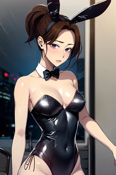 <lora:June_SC:0.7> junescdef, brown hair, purple eyes, ponytail, medium body, looking at viewer,
masterpiece, best quality,
<lora:transpbunny:0.6> transpbunny, leotard, playboy bunny, animal ears, rabbit ears, fake animal ears