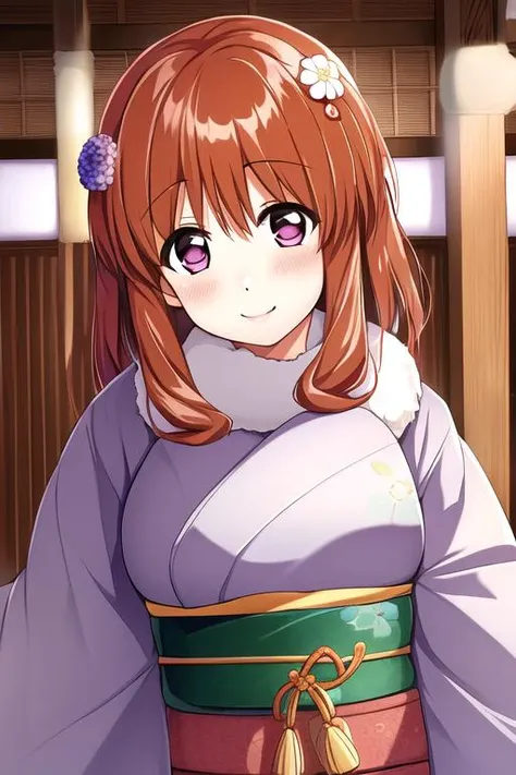 masterpiece, machiko ryou, best quality, cute girl in kawaii intricate ornate flower embroidery, kimono at a shrine,winter,cinematic lighting,haregi,furisode,faux fur collar,japanese hair ornament,looking at viewer,[[[happy]]],{{{realistic}}},  <lora:machiko ryou:1>
