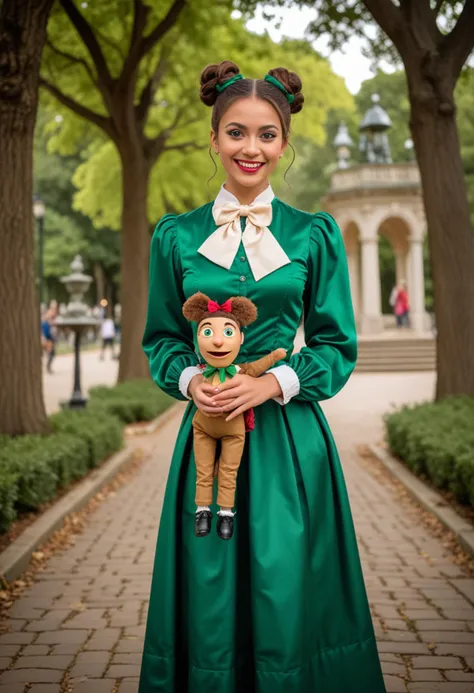 (medium full shot) of (playful puppeteer) young woman, brazilian, tan skin, hazel eyes, Medium build, long brown double buns hair, wearing a emerald green satin blouse, long skirt, ankle boots, commedia dell'arte mask, bow tie, carrying a marionette,  set in  a historic park, offering stately trees, vintage fountains, elegant pathways, a timeless ambiance, woman smiling, Masterpiece,best quality, photo, realistic, very aesthetic, detailed face,