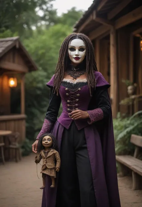 masterpiece, reality, 4k, (medium full shot) of (fantastical puppeteer) young woman, african, dark skin, black eyes, petite build, long dark dreadlocks hair, wearing a deep purple tailcoat, tailored pants, velvet shoes, commedia dell'arte mask, dramatic cape, carrying a wooden puppet,  set in  an outdoor theater, with a rustic stage, wooden benches, lush greenery, a charming ambiance, during sunset, woman smiling