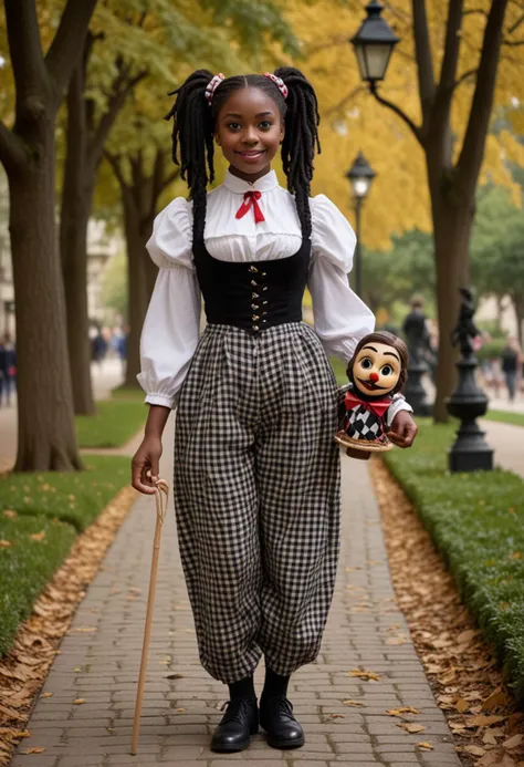 (medium full shot) of (enchanting puppeteer) young woman, black american, dark skin, brown eyes, curvy build, long dark pigtails hair, wearing a black checkered tunic, checkered trousers, brogues, commedia dell'arte mask, decorative cane, carrying a wooden puppet,  set in  a historic park, offering stately trees, vintage fountains, elegant pathways, a timeless ambiance, at night, woman smiling, Masterpiece,best quality, photo, realistic, very aesthetic, detailed face,