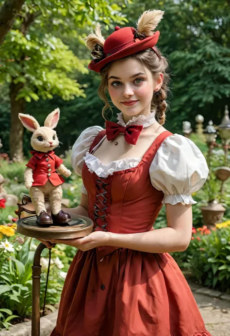 (medium full shot) of (eccentric puppeteer) young woman, french, light skin, light green eyes, petite build, short brown double buns hair, wearing a red period costume dress, brogues, bowler hat, pocket watch, carrying a hand puppet,  set in  an artistic park, with creative sculptures, art installations, curated gardens, stylish seating, woman smiling, ,Masterpiece,best quality, photo, realistic, very aesthetic, detailed face,