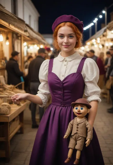 masterpiece, reality, 4k, (medium full shot) of (charismatic puppeteer) young woman, spanish, tan skin, light Blue eyes, slender build, medium ginger retro hair, wearing a deep purple theatrical gown, brogues, beret, decorative cane, carrying a wooden puppet,  set in  an artisanal fair, with handmade crafts, local vendors, creative booths, a warm, community atmosphere, at night, woman smiling