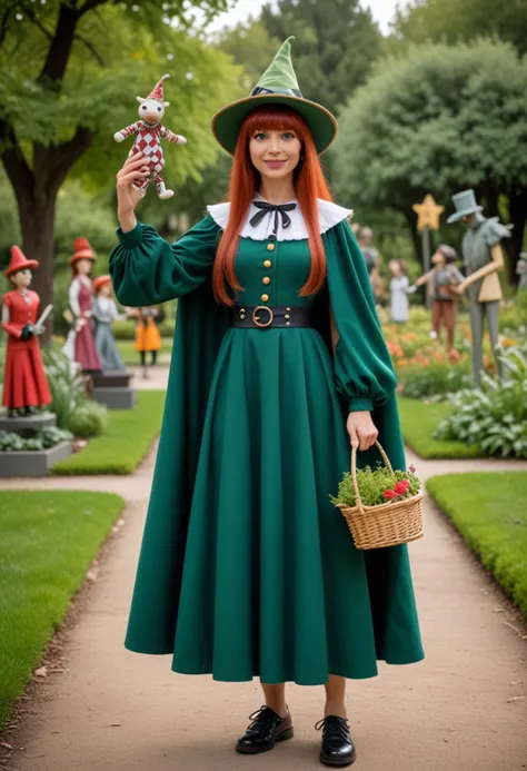 (medium full shot) of (playful puppeteer) young woman, italian, tan skin, dark green eyes, normal build, medium red straight bangs hair, wearing a emerald green checkered tunic, long skirt, plain shoes, wide-brimmed hat, dramatic cape, carrying a hand puppet,  set in  an artistic park, with creative sculptures, art installations, curated gardens, stylish seating, woman smiling, Masterpiece,best quality, photo, realistic, very aesthetic, detailed face,