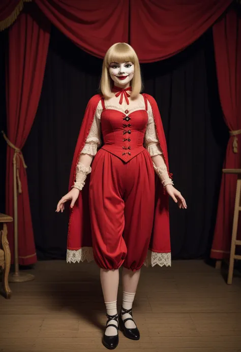 (medium full shot) of (fantastical puppeteer) young woman, japanese, pale skin, hazel eyes, full-figured build, short blonde straight bangs hair, wearing a red lace blouse, solid color trousers, leather shoes, commedia dell'arte mask, dramatic cape, carrying a wooden puppet,  set in  a vintage circus, featuring classic acts, ornate costumes, traditional tents, a nostalgic feel , at night, woman smiling, Masterpiece,best quality, photo, realistic, very aesthetic, detailed face,