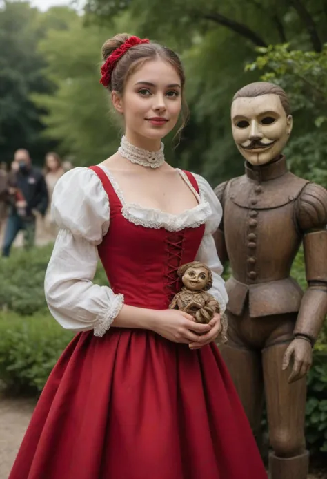 masterpiece, reality, 4k, (medium full shot) of (artistic puppeteer) young woman, american, fair skin, light brown eyes, lithe build, medium red french braid hair, wearing a red period costume dress, lace-up boots, commedia dell'arte mask, cravat, carrying a wooden puppet,  set in  an artistic park, with creative sculptures, art installations, curated gardens, stylish seating, at night, woman smiling