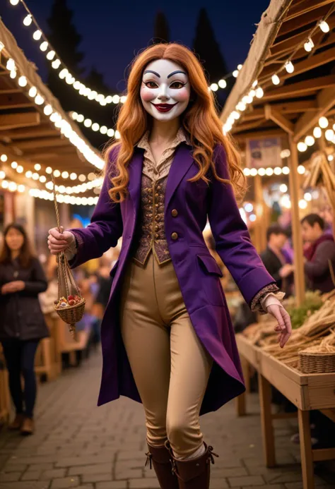 (medium full shot) of (whimsical puppeteer) young woman, japanese, tan skin, light brown eyes, petite build, long ginger shag cut hair, wearing a deep purple fitted jacket, silk breeches, plain shoes, commedia dell'arte mask, decorative cane, carrying a wooden puppet,  set in  a night fair, illuminated by fairy lights, with a magical ambiance, bustling stalls, lively entertainment, at night, woman smiling, Masterpiece,best quality, photo, realistic, very aesthetic, detailed face,