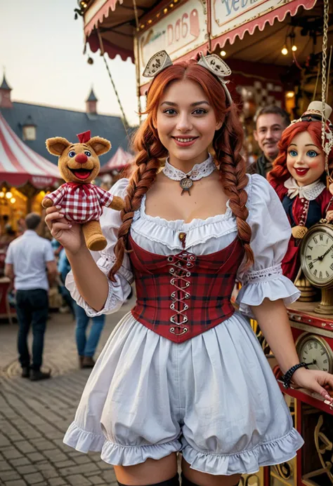 (medium full shot) of (mysterious puppeteer) young woman, german, tan skin, brown eyes, full-figured build, long red double buns hair, wearing a white checkered tunic, knee-length shorts, lace-up boots, wide-brimmed hat, pocket watch, carrying a hand puppet,  set in  a traditional fair, featuring vintage carousels, classic games, festive decorations, cheerful visitors, during sunset, woman smiling, ,Masterpiece,best quality, photo, realistic, very aesthetic, detailed face,