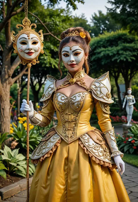 (medium full shot) of (mysterious puppeteer) young woman, thai, tan skin, brown eyes, full-figured build, long hazel updo hair, wearing a golden yellow tailcoat, long skirt, ballet flats, porcelain mask with intricate details, dramatic cape, carrying a marionette, set in an artistic park, with creative sculptures, art installations, curated gardens, stylish seating, during sunset, woman smiling, ,Masterpiece,best quality, photo, realistic, very aesthetic, detailed face,
