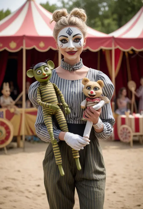 (medium full shot) of (artistic puppeteer) young woman, arabian, ebony skin, olive green eyes, willowy build, short blonde updo hair, wearing a dark grey striped tunic, cropped pants, ankle boots, papier-mâché mask with intricate details, decorative cane, carrying a hand puppet,  set in  an outdoor circus, with open-air performances, rustic tents, natural surroundings, a magical ambiance , woman smiling, Masterpiece,best quality, photo, realistic, very aesthetic, detailed face,