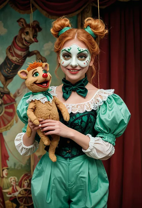 (medium full shot) of (whimsical puppeteer) young woman, spanish, tan skin, mint green eyes, voluptuous build, short ginger bun hair, wearing a emerald green lace blouse, solid color trousers, ankle boots, papier-mâché mask with intricate details, cravat, carrying a hand puppet,  set in  a fantastical circus, offering imaginative acts, elaborate costumes, whimsical decor, a dreamlike setting , woman smiling, ,Masterpiece,best quality, photo, realistic, very aesthetic, detailed face,