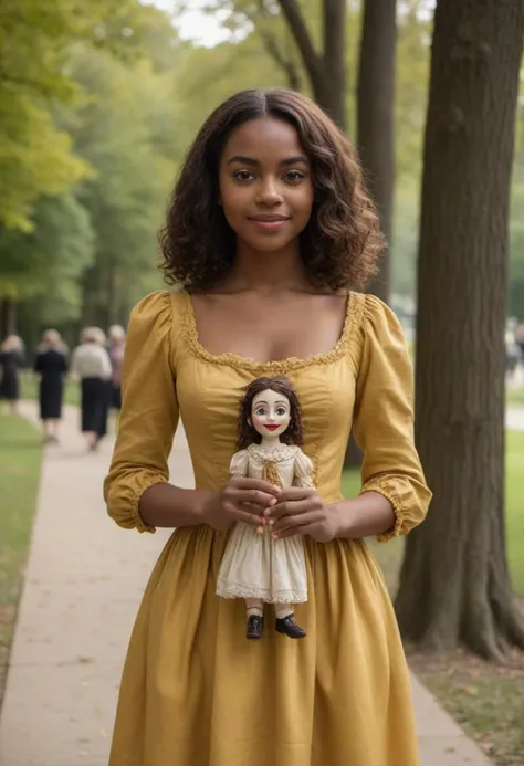 masterpiece, reality, 4k, (medium full shot) of (theatrical puppeteer) young woman, black american, dark skin, brown eyes, full-figured build, medium hazel wavy down hair, wearing a golden yellow straight dress, ballet flats, commedia dell'arte mask, pocket watch, carrying a marionette,  set in  a historic park, offering stately trees, vintage fountains, elegant pathways, a timeless ambiance, woman smiling