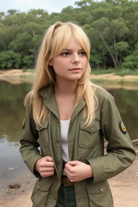 candid photograph of FraGa1TTXV1A a petite attractive woman as a Kakadu adventure tour guide,ranger uniform,alligator skin jacket,((skinny))