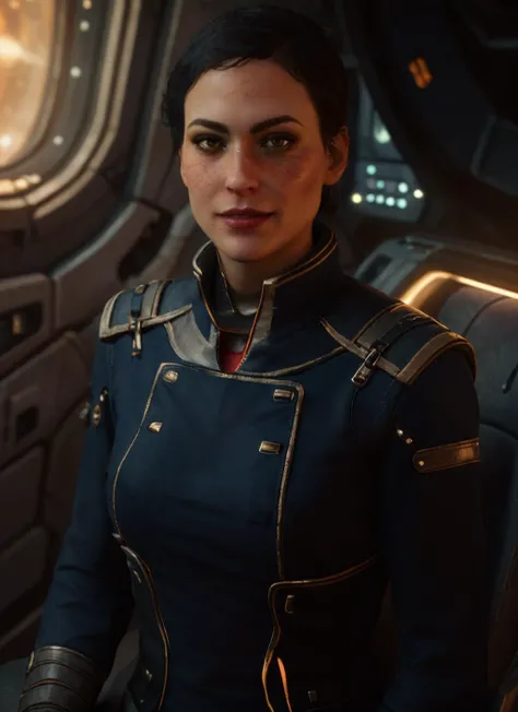 (masterpiece:1.3), (best quality:1.2), (intricate detailed:1.2), (hyperrealistic:1.2), (professional photograpy:1.1), highly detailed, absurd res, 1girl, Cassandra, brown eyes, freckles, scar on cheek, very short black hair, makeup, seductive, grin, looking at viewer, <lora:Cassandra-10:0.75>, dark lighting, sitting in a spaceship bedroom, space window, wearing allianceuniform, fcPortrait, <lora:allianceuniform:0.5>