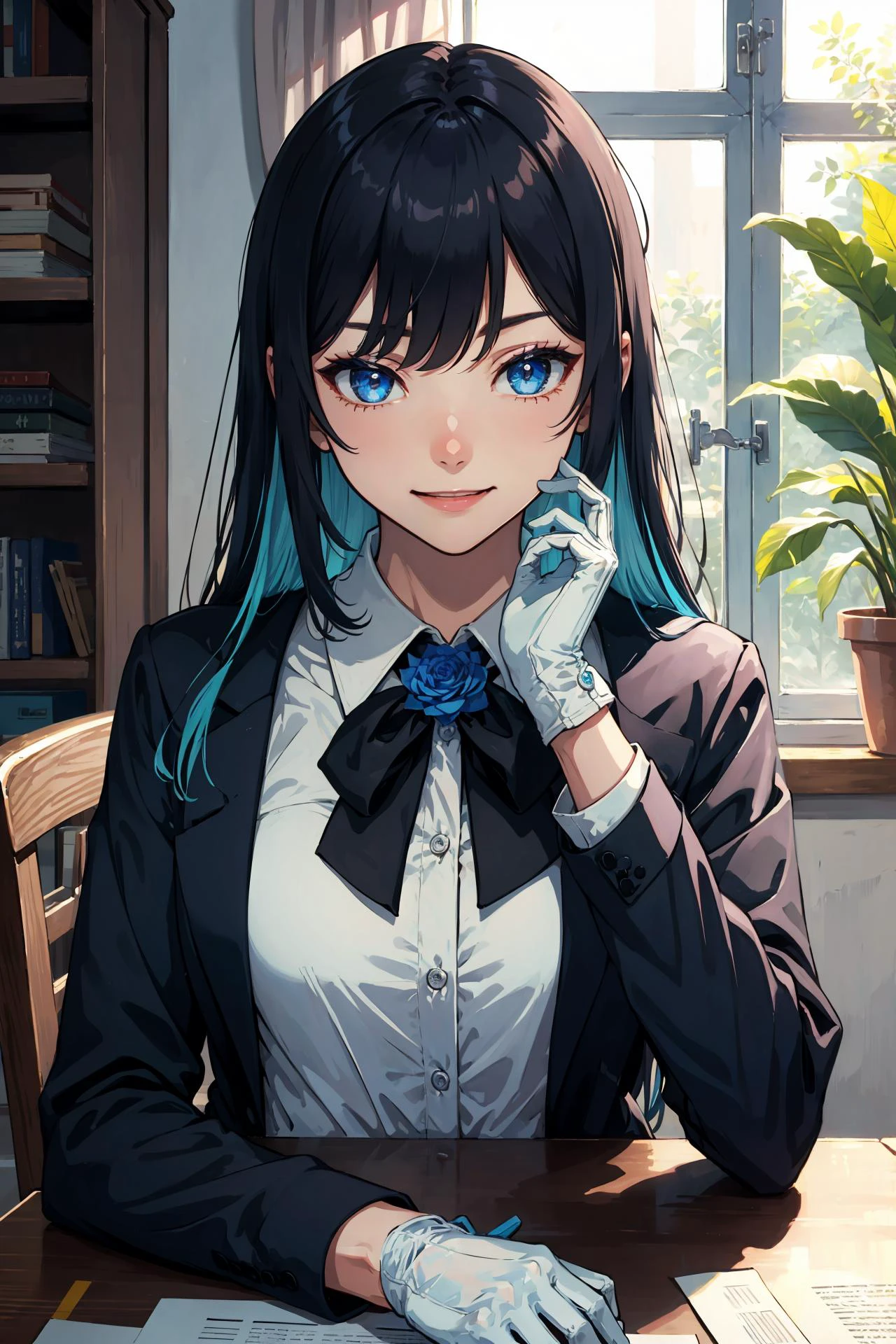 (masterpiece, best quality:1.2), intricate details, <lyco:GoodHands-beta2:1>,  <lora:ado-000010:1>, ado, 1girl, multicolored hair, long hair, collared shirt, jacket, light smile, bangs, gloves, long sleeves, blue flower, (mature female:1.2)