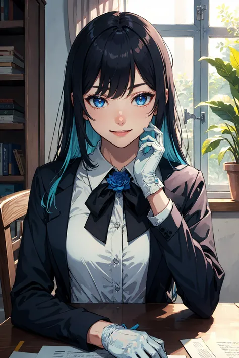 (masterpiece, best quality:1.2), intricate details, <lyco:GoodHands-beta2:1>,  <lora:ado-000010:1>, ado, 1girl, multicolored hair, long hair, collared shirt, jacket, light smile, bangs, gloves, long sleeves, blue flower, (mature female:1.2)