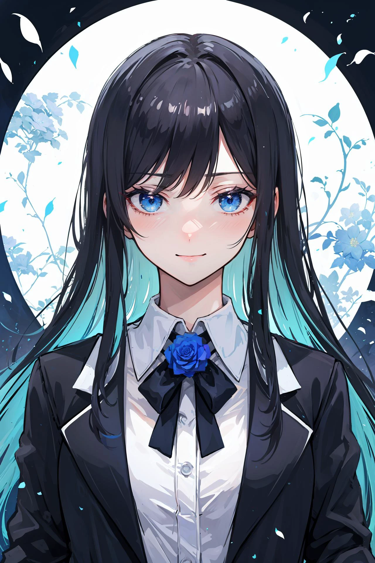 (masterpiece, best quality:1.2), intricate details, <lyco:GoodHands-beta2:1>, <lora:ado-000010:1>, ado, 1girl, multicolored hair, long hair, collared shirt, jacket, light smile, bangs, gloves, long sleeves, blue flower, (mature female:1.2)