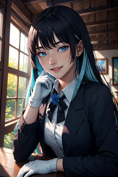(masterpiece, best quality:1.2), intricate details, <lyco:GoodHands-beta2:1>,  <lora:ado-000010:1>, ado, 1girl, multicolored hair, long hair, collared shirt, jacket, light smile, bangs, gloves, long sleeves, blue flower, (mature female:1.2)