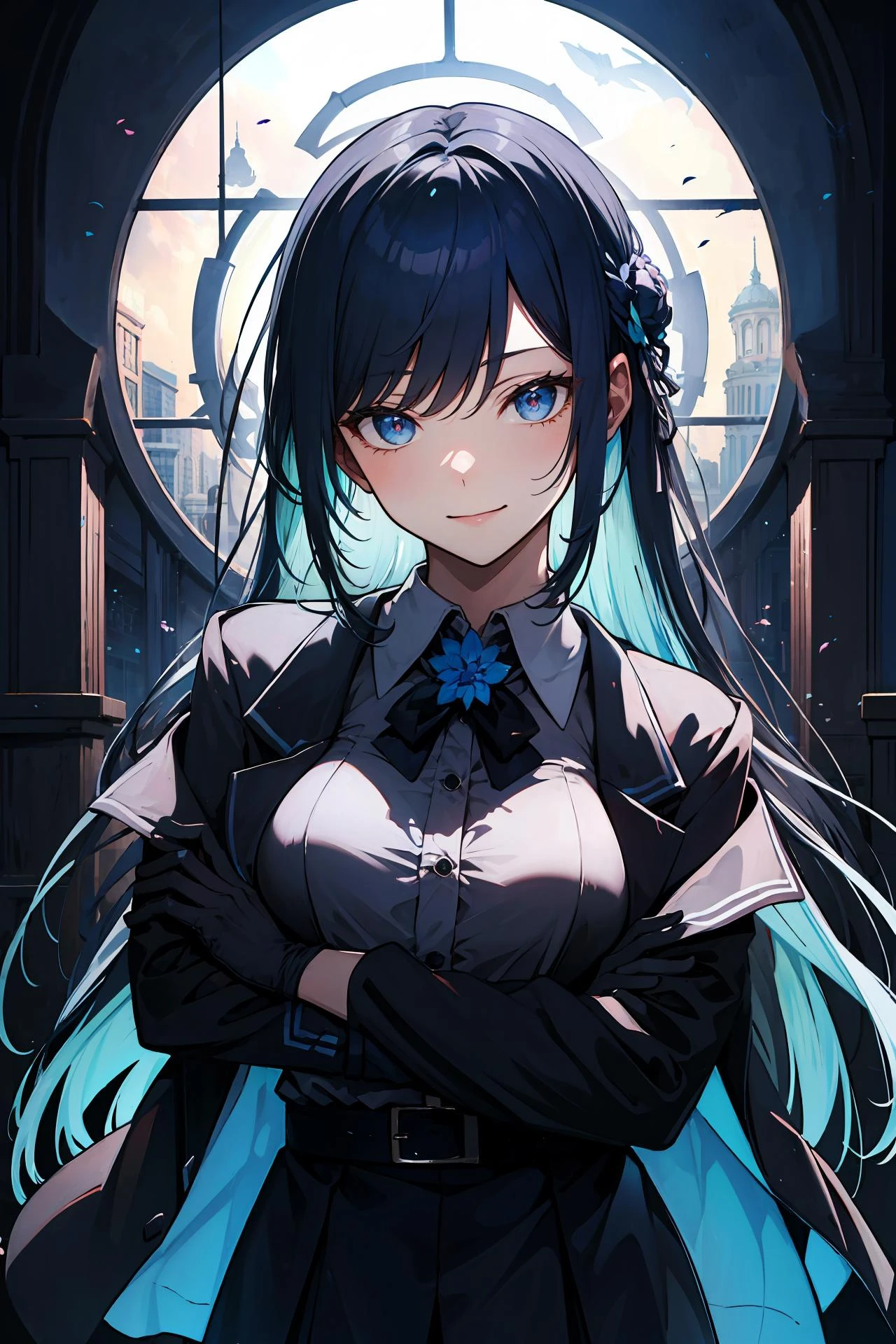 (masterpiece, best quality:1.2), intricate details, <lyco:GoodHands-beta2:1>, <lora:ado-000010:1>, ado, 1girl, bangs, blue hair, blue flower, gloves, long sleeves, multicolored hair, long hair, jacket, collared shirt, light smile, (mature female:1.2)