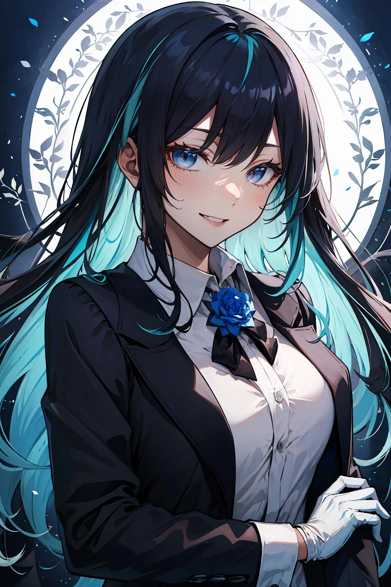 (masterpiece, best quality:1.2), intricate details, <lyco:GoodHands-beta2:1>, <lora:ado-000010:1>, ado, 1girl, bangs, blue hair, blue flower, gloves, long sleeves, multicolored hair, long hair, jacket, collared shirt, light smile, (mature female:1.2)