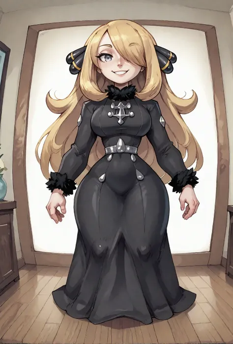 score9, score_8_up, score_7_up, pokemon, 1girl, blonde_hair, grey_eyes, black dress, cynthia from pokemon approaching the viewer, smile, standing, indoors, big room, pokemon arena, character focus, close up, voluptuous, curvy, traditional media, traditional art, <lora:Glorp_Bingo_Mega_Mix-000013:1> glorpbingomegamix1