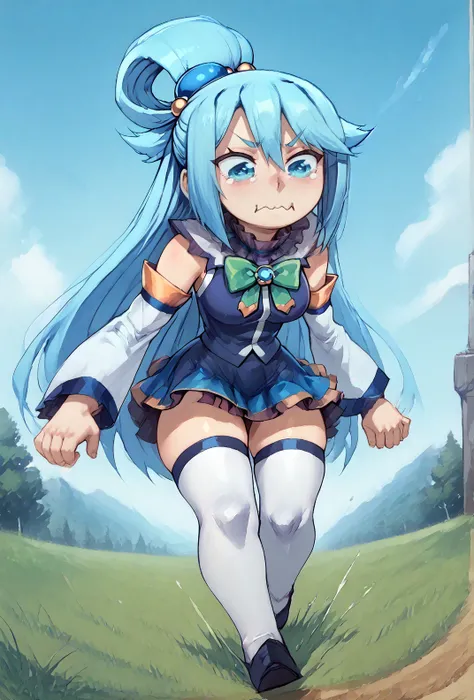 score9, score_8_up, score_7_up, 1girl, solo, full body, <lora:konosuba-aqua-ponyxl-lora-nochekaiser:1> aqua, long hair, blue eyes, hair ornament, very long hair, blue hair, hair rings, single hair ring, hair bobbles, skirt, shirt, thighhighs, bare shoulders, detached sleeves, white thighhighs, blue skirt, blue shirt, green bow, <lora:concept_aquacrying_ponyXL:1> aquacrying, wavy mouth, closed mouth, tearing up, running, outdoors, trees, grass, blue sky, clouds <lora:Glorp_Bingo_Mega_Mix-000013:1> glorpbingomegamix1