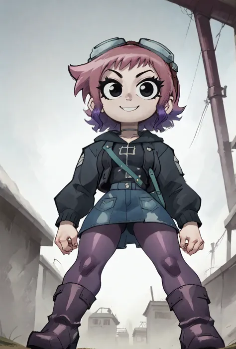 score9, score_8_up, score_7_up, <lora:RamonaSDXL:0.9> ramona flowers, black eyes, goggles on head, jacket, black hoodie, layered clothing, jean skirt, purple pantyhose, boots, shoulder bag, from below, smile, <lora:Glorp_Bingo_Mega_Mix-000013:1> glorpbingomegamix1