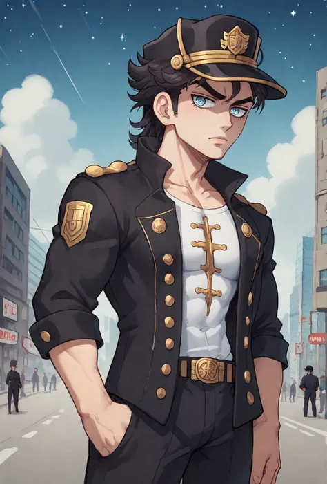 score9, score_8_up, score_7_up, rating_safe, (kujo_jotaro), jojo_no_kimyou_na_bouken, 1boy, (black_hair), blue_eyes, black jacket, black hat, Jotaro from Jojo walking at the viewer with his hands in his pockets, frowning, hair merging with hat, spiky hair, chibi, Outdoors, urban, street, trees, dark sky, stars, character focus, close up, tall ,muscular, <lora:Glorp_Bingo_Mega_Mix-000001:1> glorpbingomegamix1