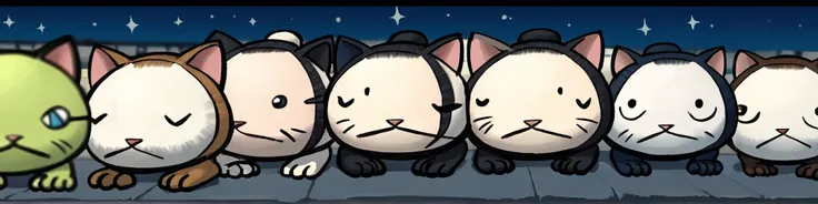 score_9, score_8_up, score_7_up, source_anime, 6girls, cat, kitten, <lora:Chulip:0.25> chulip, chibi, flat shading, close up shot, in a empty parking lot at night, close up shot, wide angle shot, depth of field, thin black border, separating, solo, dynamic pose, solo, sparkles, <lora:Glorp_Bingo_Mega_Mix-000013:0.05> glorpbingomegamix1 BREAK a green alien fuzzy kitten cat with alien antenna grimacing and squinting, alien BREAK The Wizard BREAK The Fighter BREAK The Archer BREAK The nerd BREAK The Robot