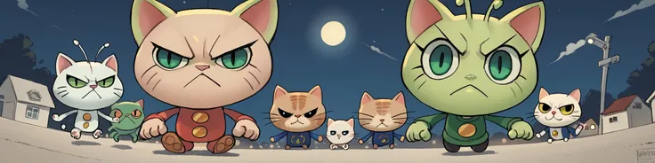 score_9, score_8_up, score_7_up, source_anime, 6girls, a empty parking lot at night, <lora:Chulip:1.3> chulip, chibi, flat shading, close up shot of a green alien fuzzy kitten cat with alien antenna grimacing and squinting at the viewer sitting in a empty parking lot at night, close up shot, wide angle shot, depth of field, cat, kitten, alien dynamic pose, action pose, low angle, lines separating characters, <lora:Glorp_Bingo_Mega_Mix-000013:0.5> glorpbingomegamix1
