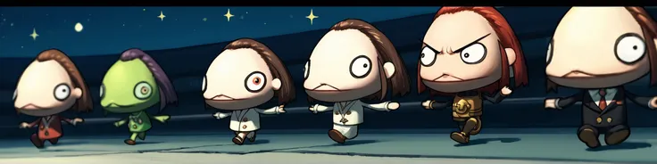 score_9, score_8_up, score_7_up, source_anime, 7girls, <lora:Chulip:0.22> chulip, chibi, flat shading, close up shot, in a empty parking lot at night, close up shot, wide angle shot, depth of field, thin black border, separating, solo, dynamic pose, solo, sparkles, fantasy, <lora:Glorp_Bingo_Mega_Mix-000013:0.05> glorpbingomegamix1 BREAK The Squmpie BREAK a green alien fuzzy kitten cat with alien antenna grimacing and squinting, alien BREAK The Wizard, happy, robes BREAK The Fighter, sad, paltemail BREAK The Archer, anxious, leather armor BREAK The nerd, neutral, business suit, BREAK The Android, blushing, doll joints