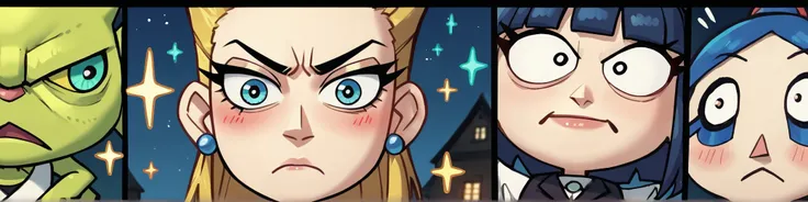 score_9, score_8_up, score_7_up, source_anime, 6girls, <lora:Chulip:0.2> chulip, chibi, flat shading, close up shot, in a empty parking lot at night, close up shot, wide angle shot, depth of field, thin black border, separating, solo, dynamic pose, solo, sparkles, <lora:Glorp_Bingo_Mega_Mix-000013:0.05> glorpbingomegamix1 BREAK a green alien fuzzy kitten cat with alien antenna grimacing and squinting, alien BREAK The Wizard, happy, robes BREAK The Fighter, sad, paltemail BREAK The Archer, anxious, leather armor BREAK The nerd, neutral, business suit, BREAK The Android, blushing, sweater